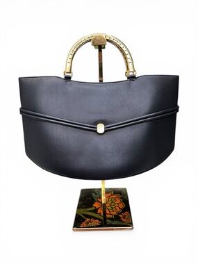 Vintage Bally Crescent Top Handle Bag Black Leather Gold Handle 70s 80s Rare